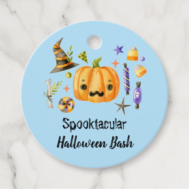 Étiquettes Cadeau Citrouille Spooktacular Halloween Bash Party Bleu (Devant)