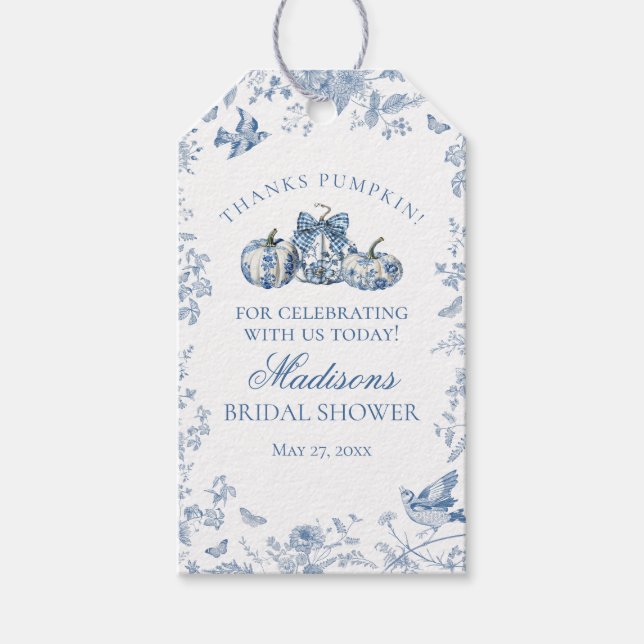 Étiquettes-cadeau Citrouille Toile Bleue Faveur de Mariage de Mariée (Devant)
