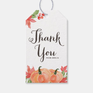 Étiquettes-cadeau Citrouilles d'aquarelle et Merci Feuille d'érable
