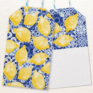 Étiquettes-cadeau Citrus citron Aquarelle Bleu Carrelage méditerrané
