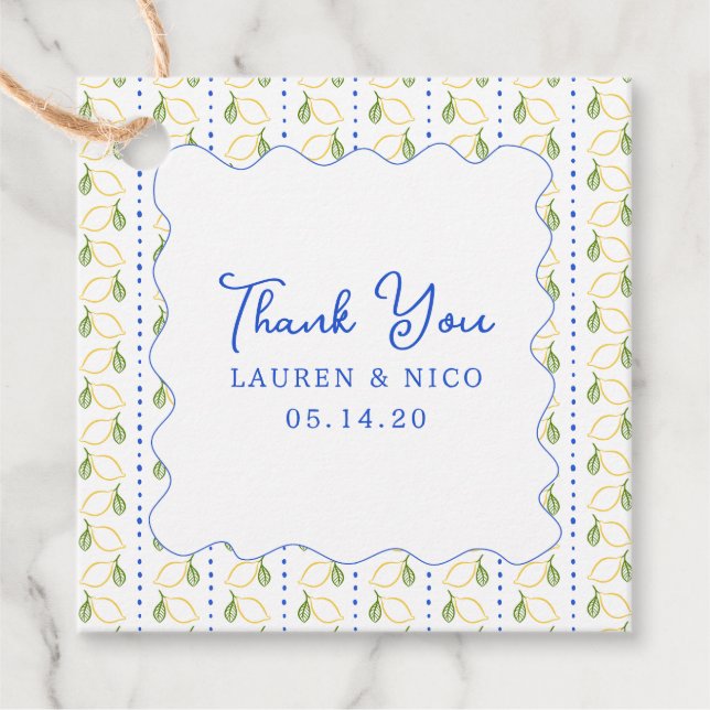 Étiquettes Cadeau Citrus citron bleu et Merci Mariage jaune (Devant)