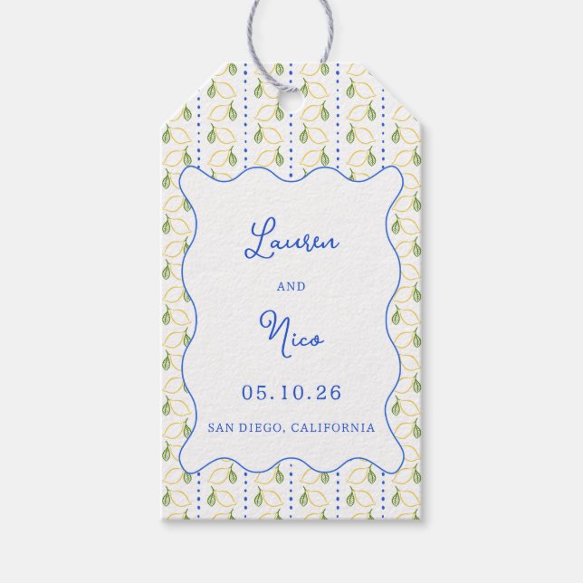 Étiquettes-cadeau Citrus Citrus bleu et jaune Mariage méditerranéen (Devant)
