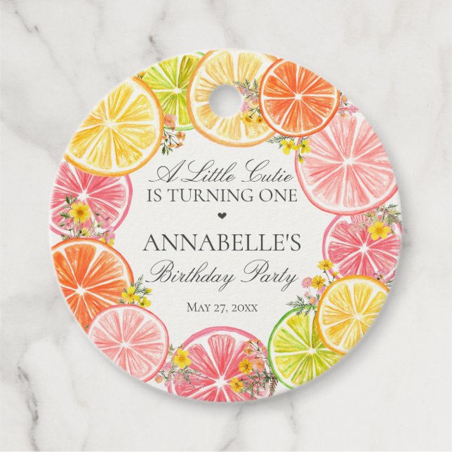 Étiquettes Cadeau Citrus Floral Little Cutie Anniversaire Fête Cercl (Devant)