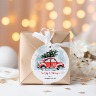 Étiquettes Cadeau Classic Watercolor Red Car Christmas Tree Holiday 