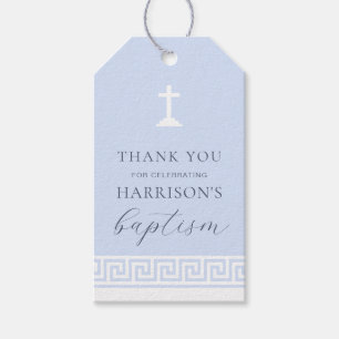 Étiquettes-cadeau Clé grecque Merci Baptême Bleu