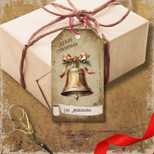 Étiquettes-cadeau Cloche en laiton or Vintage rétro Joyeux Noël