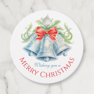 Étiquettes Cadeau Cloches d'argent aquarelle vert arc rouge Noël