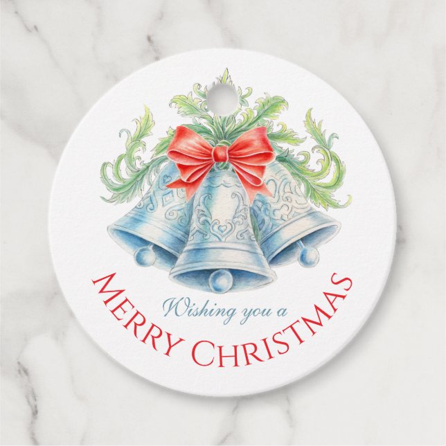 Étiquettes Cadeau Cloches d'argent aquarelle vert arc rouge Noël (Devant)