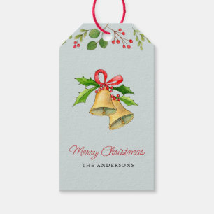 Étiquettes-cadeau Cloches de Noël avec Bow rouge sur Bleu Tags cadea