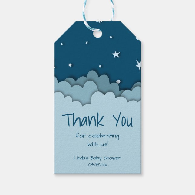 Étiquettes-cadeau Clouds et étoiles bleu foncé Merci Baby shower (Devant)