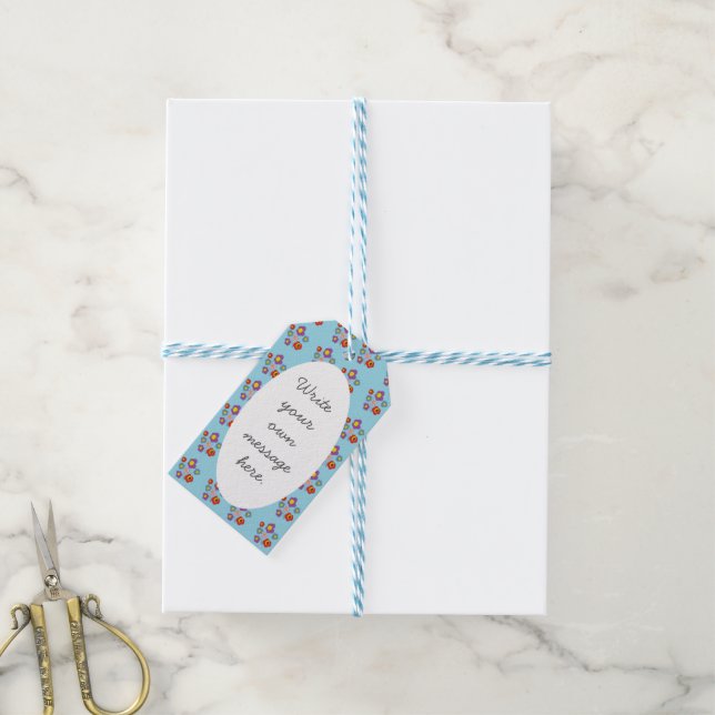Étiquettes-cadeau Coccinelle et fleurs bleu clair message personnali (Avec de laficelle)