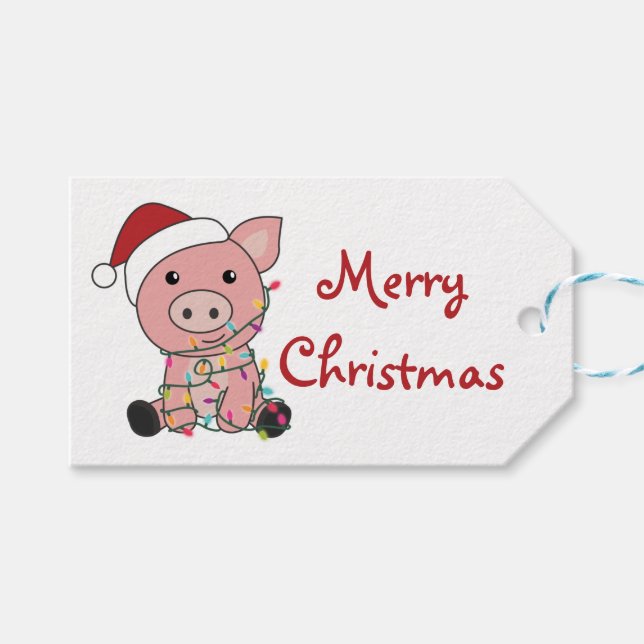 Étiquettes-cadeau Cochon Noël Neige Animaux d'hiver Cochons Chapeau  (Devant (Horizontal))