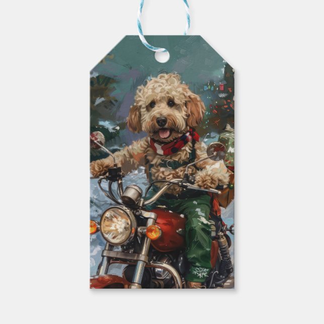 Étiquettes-cadeau Cockapoo Chien chevauchant la moto Noël (Devant)