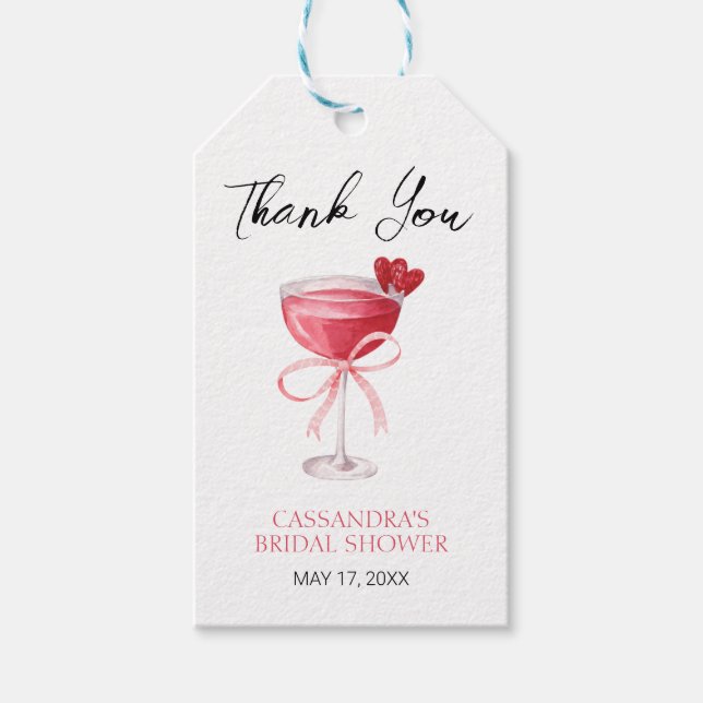 Étiquettes-cadeau Cocktail moderne Bow Fête des mariées rose Merci (Devant)