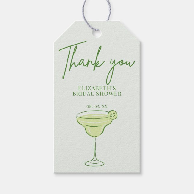 Étiquettes-cadeau Cocktail vert à main Lime Script Merci (Devant)