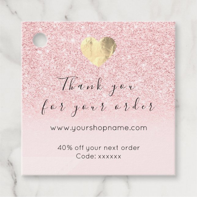 Étiquettes Cadeau Code remise Logo Gold Heart Merci rose (Devant)