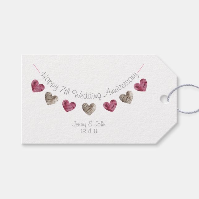 Étiquettes-cadeau Coeur de laine personnalisé 7e anniversaire mariag (Devant (Horizontal))