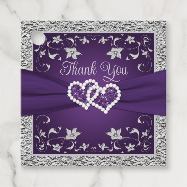 Étiquettes Cadeau Cœur de mariage violet, gris (Devant)