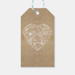 Étiquettes-cadeau Coeur de toile de fleur de toile de jute