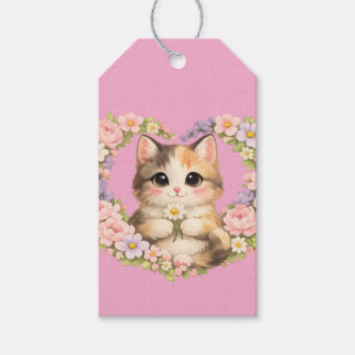Étiquettes-cadeau Cœur Floral Art Kawaii Chat