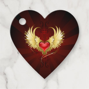 Étiquettes Cadeau Coeur rouge avec ailes d'or