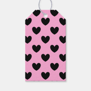 Étiquettes-cadeau Coeurs de polka noir sur coton bonbon rose