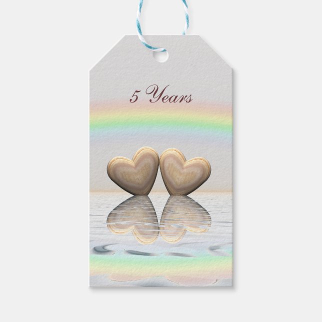 Étiquettes-cadeau Coeurs en bois du 5e anniversaire (Devant)
