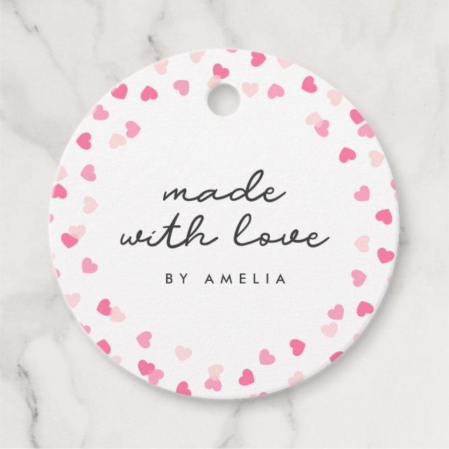 Étiquettes Cadeau Coeurs Roses Éparpillés Confetti Fabriqué Avec Amo (Devant)