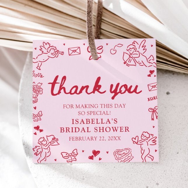 Étiquettes Cadeau Cœurs roses rouges dessinés à la main Saint-Valent (Hand Drawn Pink Red Hearts Valentine Bridal Shower Favor Tags)