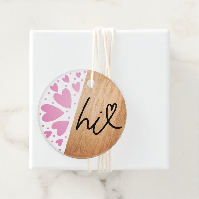 Étiquettes Cadeau Coeurs roses Salut Sur Bois Valentine (En situation)