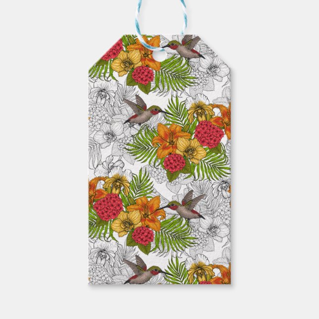 Étiquettes-cadeau Colibris et bouquet tropical (Devant)