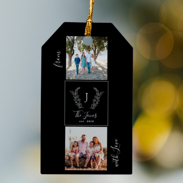 Étiquettes-cadeau Collage photo de famille monogramme nom personnali (Créateur téléchargé)