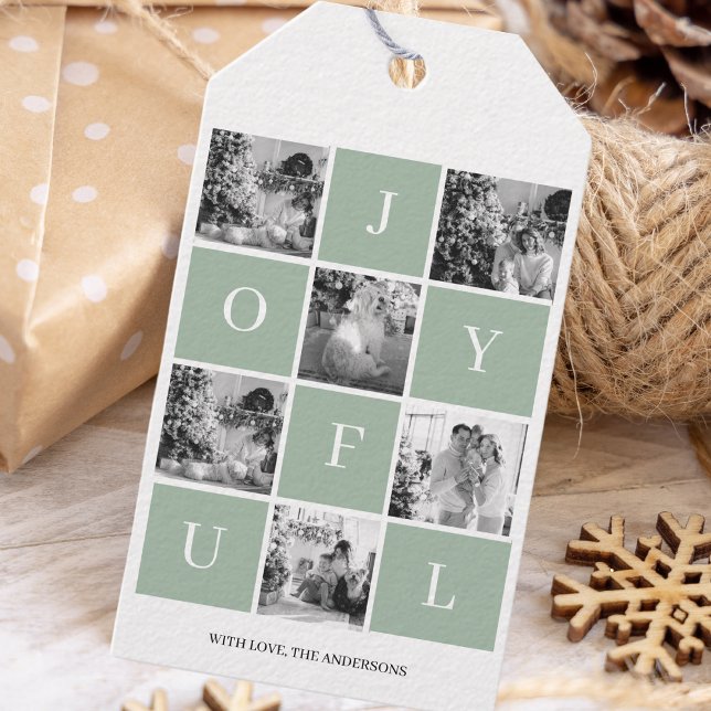 Étiquettes-cadeau Collage photo de Noël | Pastel Green Joyful (Créateur téléchargé)