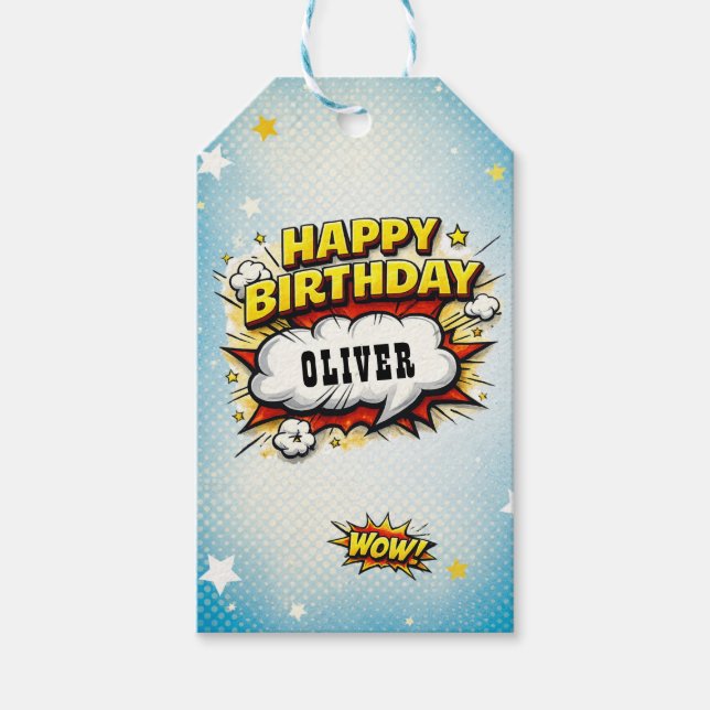 Étiquettes-cadeau Comic Style Superhero Boy's Name Birthday  (Devant)