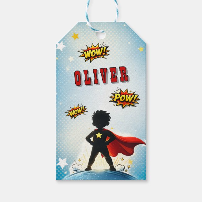 Étiquettes-cadeau Comic Style Superhero Boy's Name Birthday (Devant)