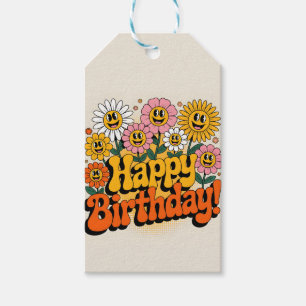 Étiquettes-cadeau Conception florale rétro groovy joyeux anniversair
