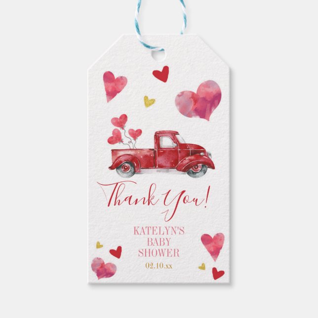 Étiquettes-cadeau Conduire par Valentine Baby shower avec Coeurs (Devant)