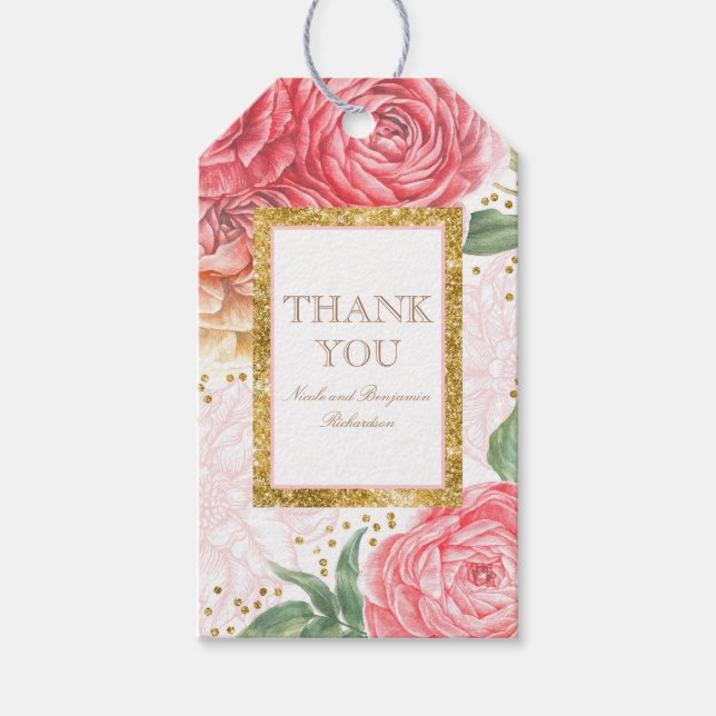 Étiquettes-cadeau Confetti d'or et Fleurs d'aquarelle rose chic (Devant)