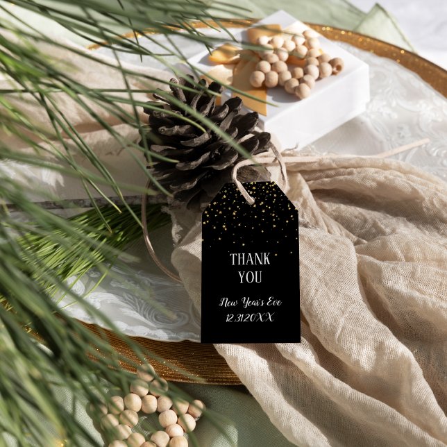 Étiquettes-cadeau Confetti d'or sur le Merci du Nouvel An noir (Créateur téléchargé)