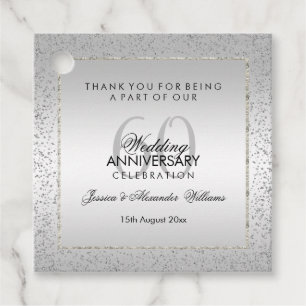 Étiquettes Cadeau Confetti en argent élégant 60e Merci Mariage