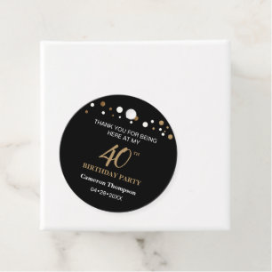 Étiquettes Cadeau Confetti en or noir personnalisé 40e anniversaire