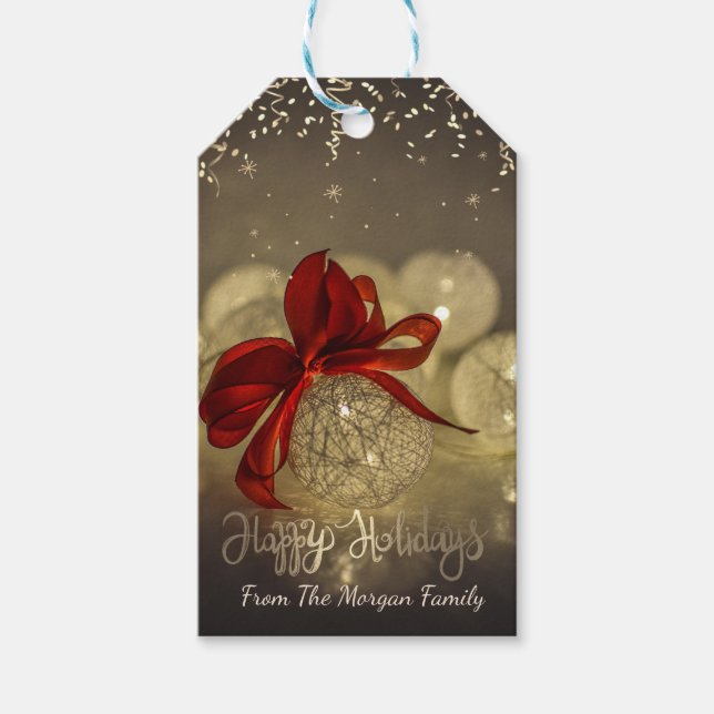 Étiquettes-cadeau Confetti, Étoiles, Boules, Bow rouge, Joyeuses Fêt (Devant)