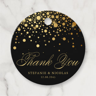 Étiquettes Cadeau Confetti Gold Foil Mariage noir Merci