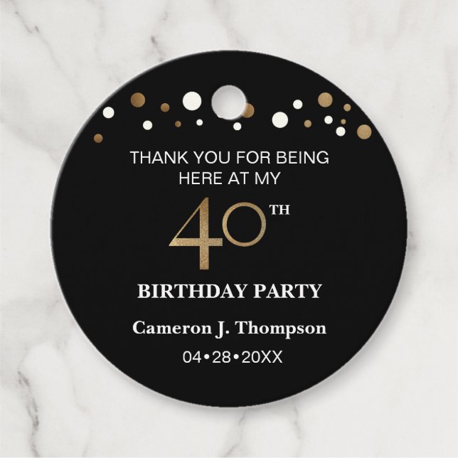 Étiquettes Cadeau Confetti Noir et Or 40e anniversaire (Devant)