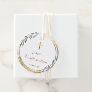 Étiquettes Cadeau Confirmation bleu poussiéreux faux or feuille Favo