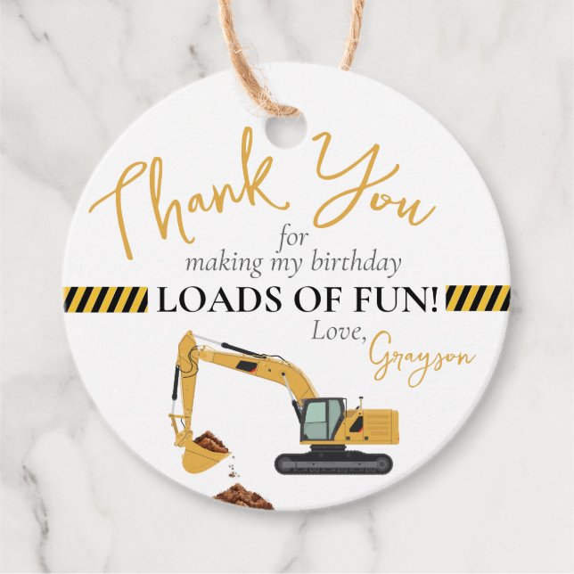 Étiquettes Cadeau Construction Digger Boy Anniversaire Fête Merci (Devant)
