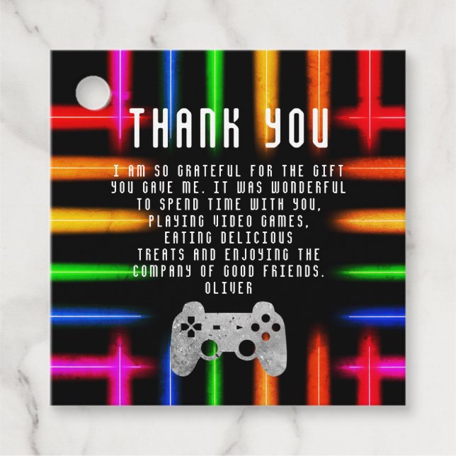 Étiquettes Cadeau Contrôleur de jeu vidéo Neon Merci Anniversaire (Devant)