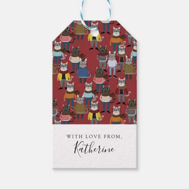 Étiquettes-cadeau Cool Hipster Motif de chat | Ajouter Votre Nom (Devant)