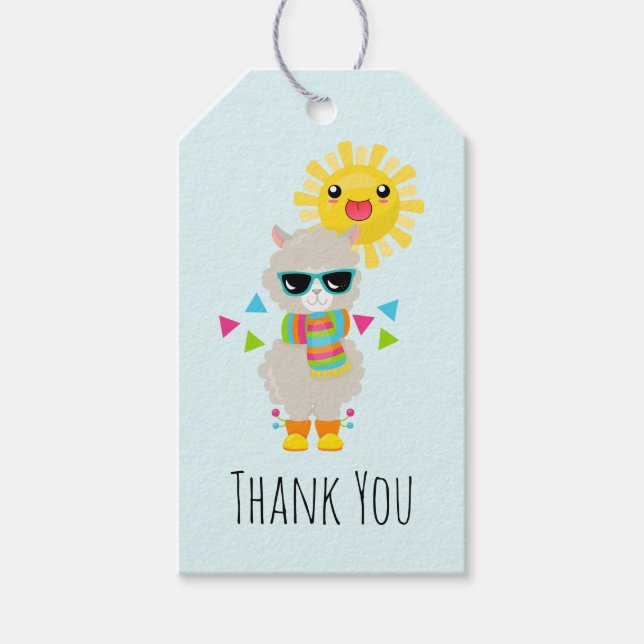 Étiquettes-cadeau Cool Llama et souriant Kawaii Sun Merci (Devant)
