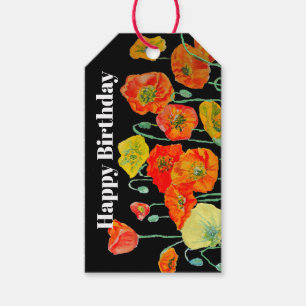 Étiquettes-cadeau Coquelicot Orange Rouge Fleur Aquarelle Anniversai